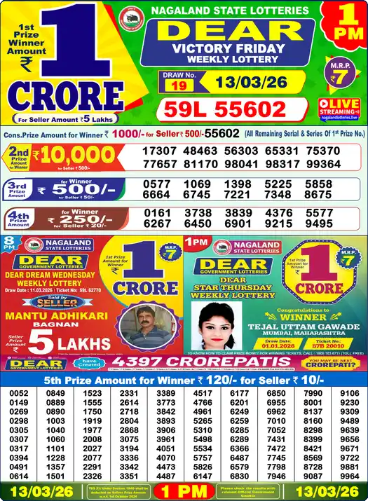 Lottery Sambad 13.03.26 Dear Lottery 1 PM March 13, 2026