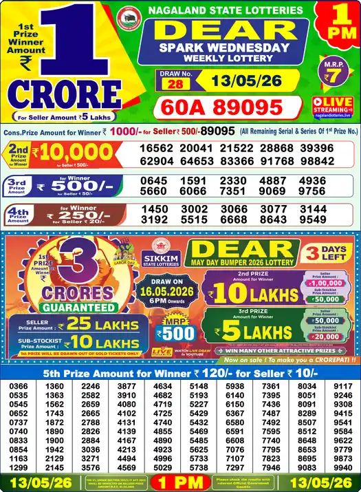 Dear Lottery Result Today 1 PM 13 May 2026