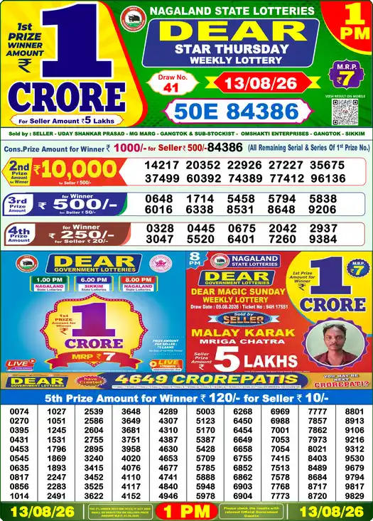 Dear Lottery Result 1 PM 13 August 2026