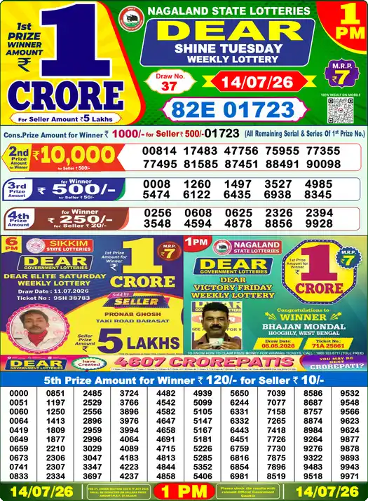 Dear Lottery Result 1 PM 14 July 2026