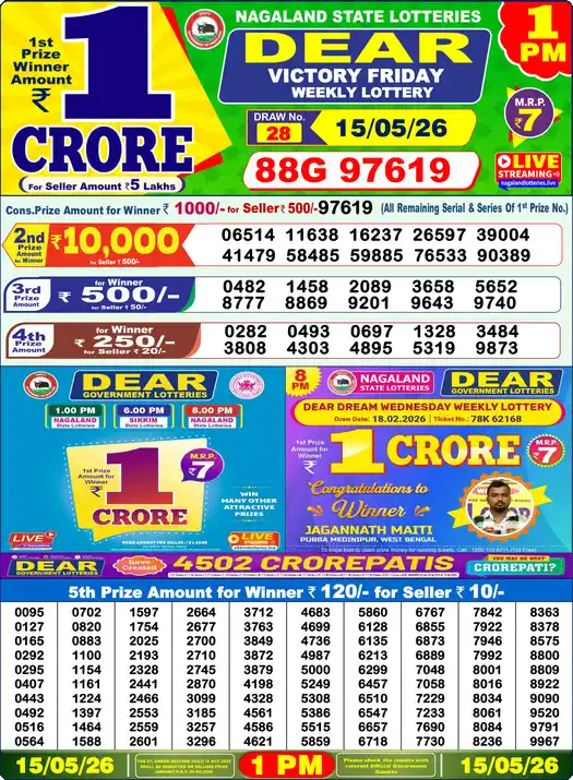 Dear Lottery Result Today 1 PM 15 May 2026