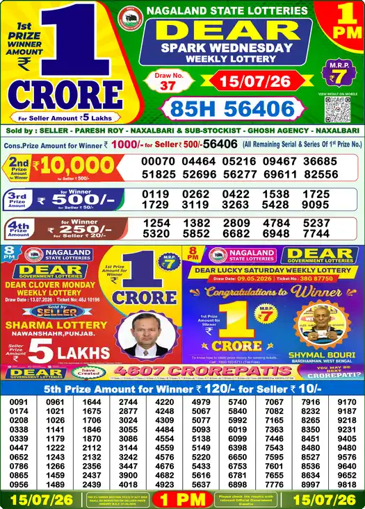 Lottery Sambad 15.07.26 Dear Lottery 1 PM July 15, 2026