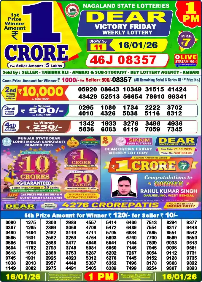 Lottery Sambad 16.01.26 Dear Lottery 1 PM January 16, 2026