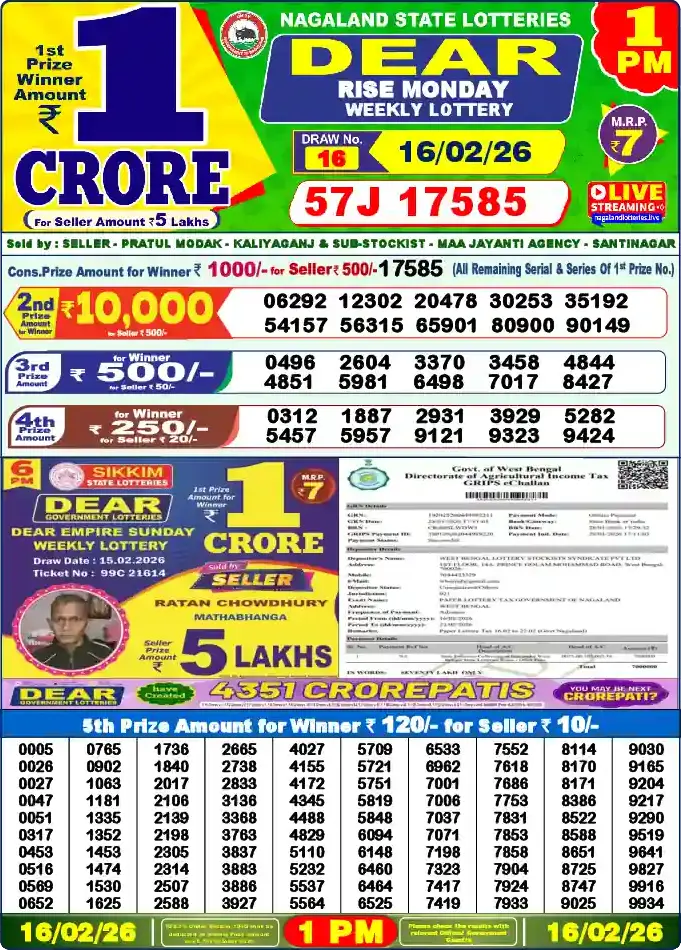 Lottery Sambad 16.02.26 Dear Lottery 1 PM February 16, 2026