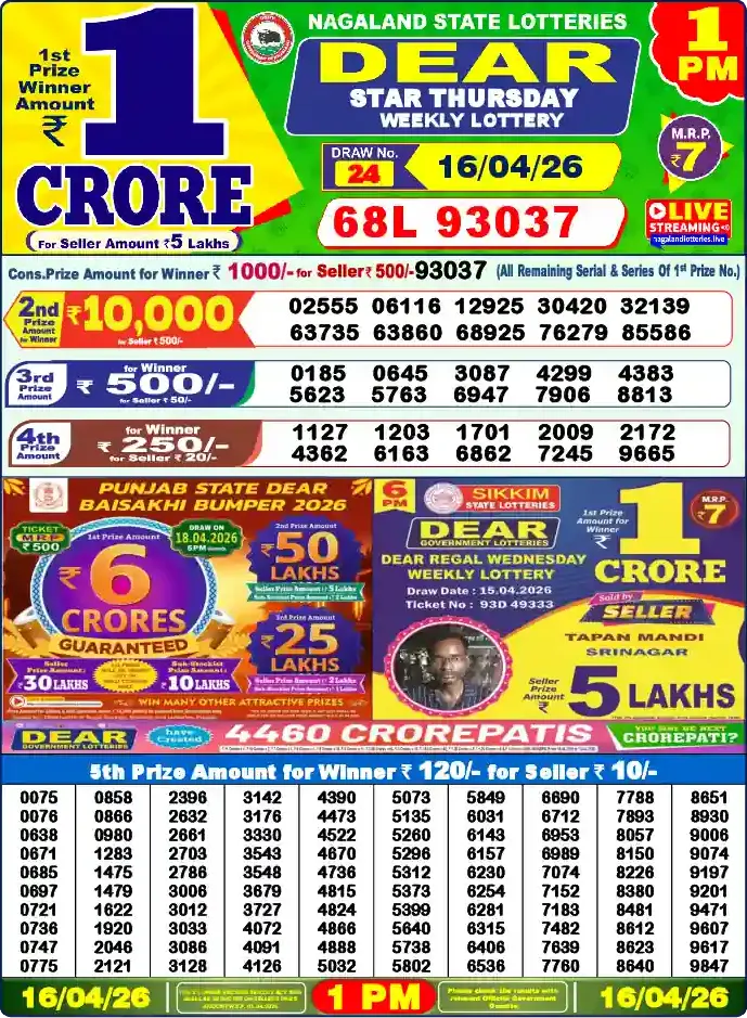 Lottery Sambad 16.04.26 Dear Lottery 1 PM April 16, 2026