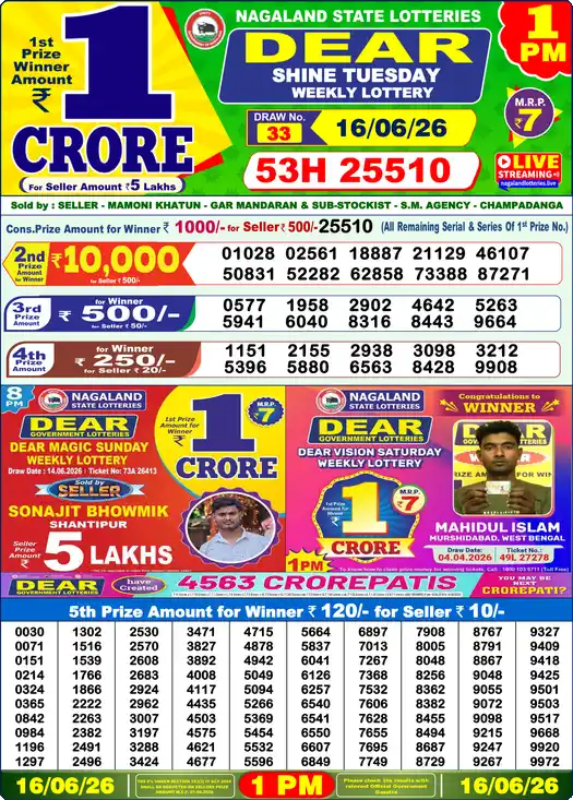 Dear Lottery Result 1 PM 16 June 2026