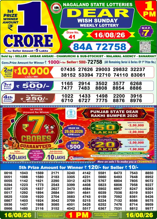Dear Lottery Result 1 PM 16 August 2026