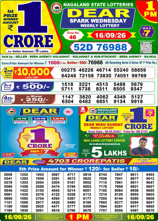 Dear Lottery Result Today 1 PM 16 September 2026