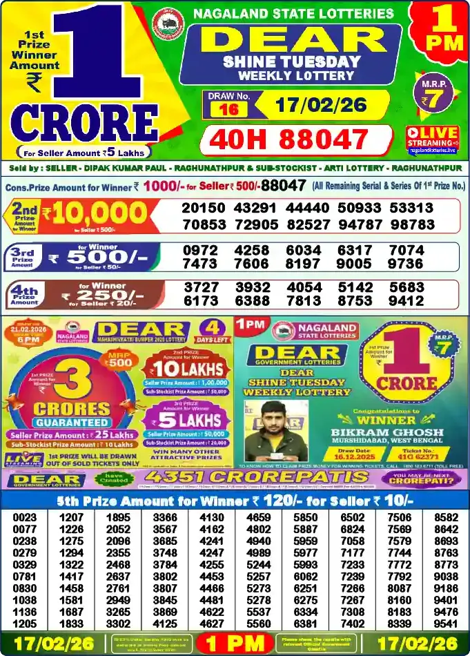 Lottery Sambad 17.02.26 Dear Lottery 1 PM February 17, 2026