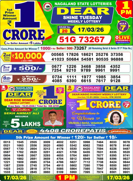 Lottery Sambad 17.03.26 Dear Lottery 1 PM March 17, 2026