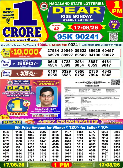 Dear Lottery Result Today 1 PM 17 August 2026