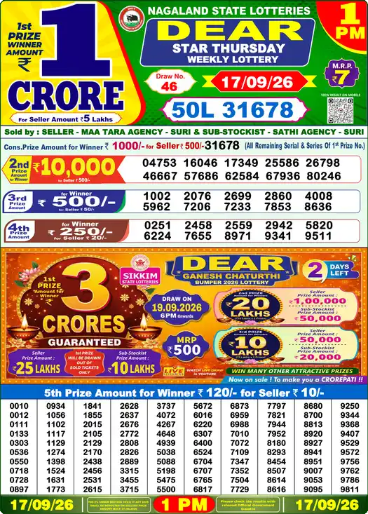 Dear Lottery Result Today 1 PM 17 September 2026