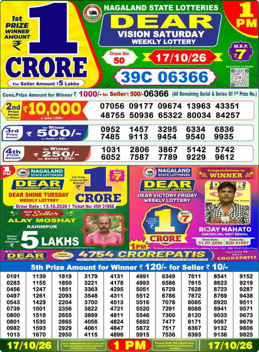 Dear Lottery Result 1 PM 17 October 2026