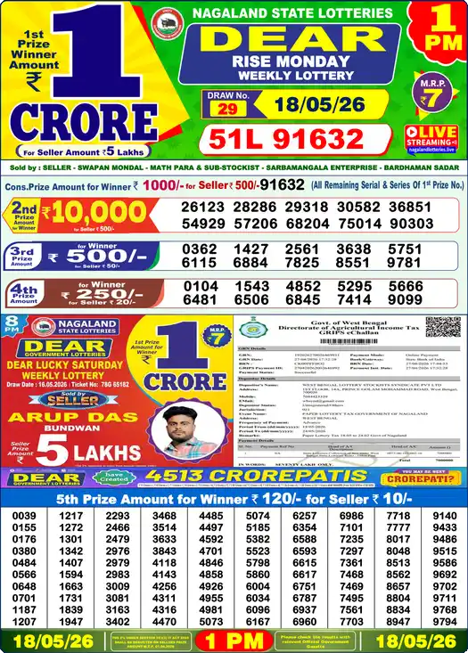 Lottery Sambad 18.05.26 Dear Lottery 1 PM May 18, 2026