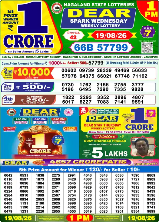 Dear Lottery Result Today 1 PM 19 August 2026