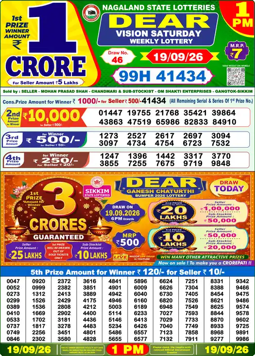 Dear Lottery Result Today 1 PM 19 September 2026
