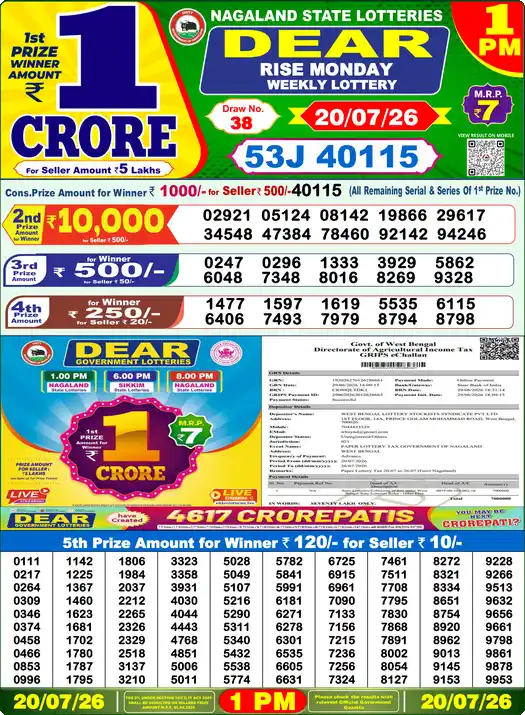 Lottery Sambad 20.07.26 Dear Lottery 1 PM July 20, 2026