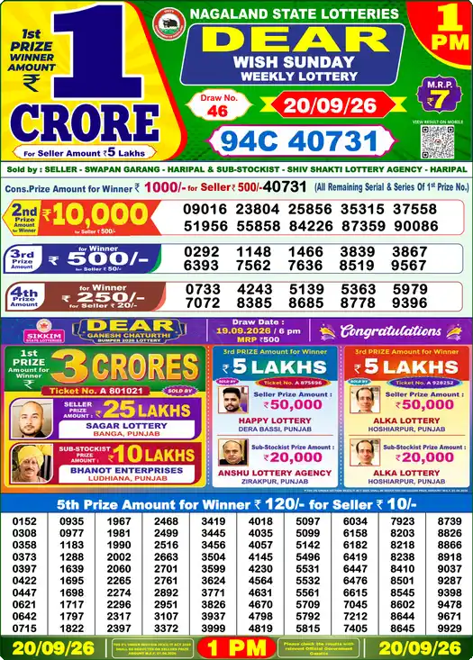 Dear Lottery Result Today 1 PM 20 September 2026