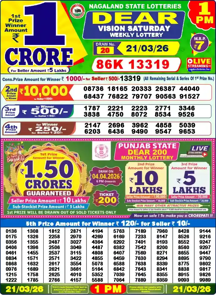 Lottery Sambad 21.03.26 Dear Lottery 1 PM March 21, 2026
