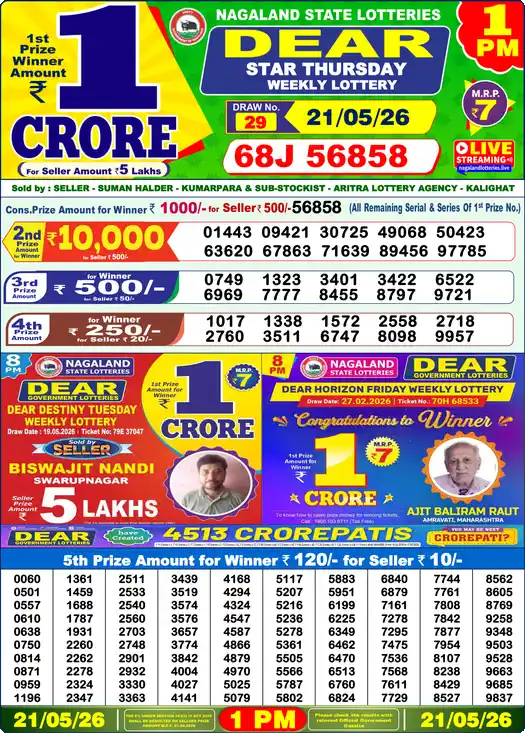 Lottery Sambad 21.05.26 Dear Lottery 1 PM May 21, 2026