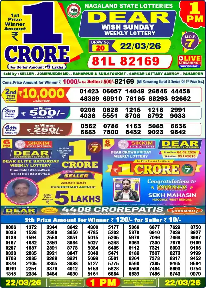 Lottery Sambad 22.03.26 Dear Lottery 1 PM March 22, 2026