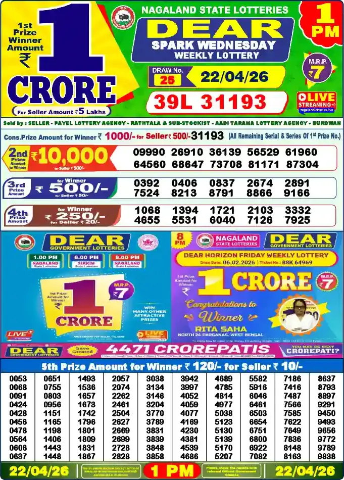 Lottery Sambad 22.04.26 Dear Lottery 1 PM April 22, 2026