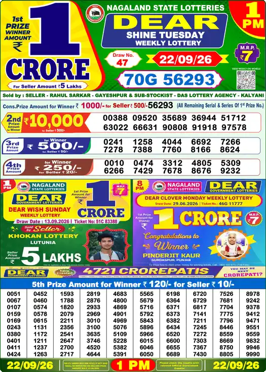 Dear Lottery Result 1 PM 22 September 2026