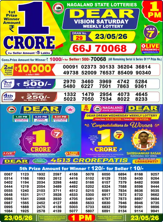 Lottery Sambad 23.05.26 Dear Lottery 1 PM May 23, 2026