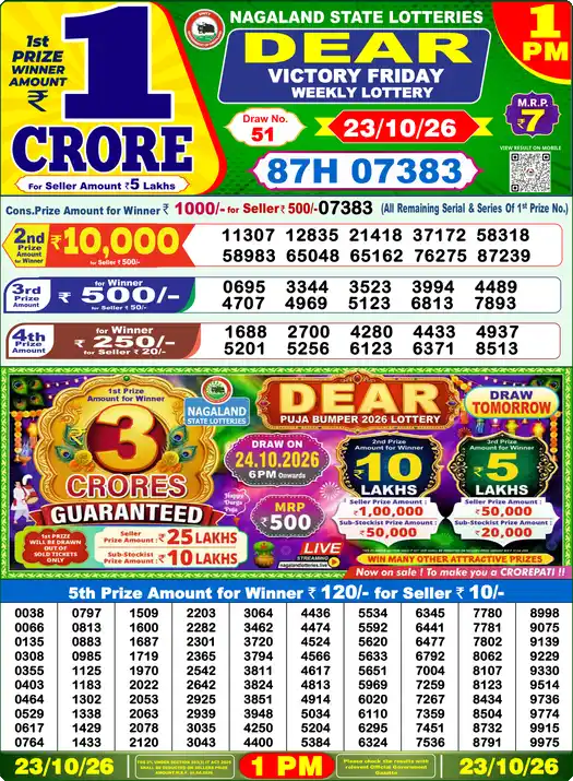 Dear Lottery Result 1 PM 23 October 2026