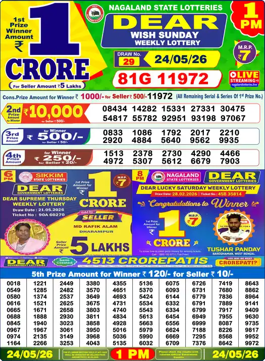 Lottery Sambad 24.05.26 Dear Lottery 1 PM May 24, 2026