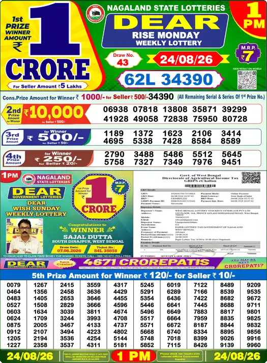 Lottery Sambad 24.08.26 Dear Lottery 1 PM August 24, 2026