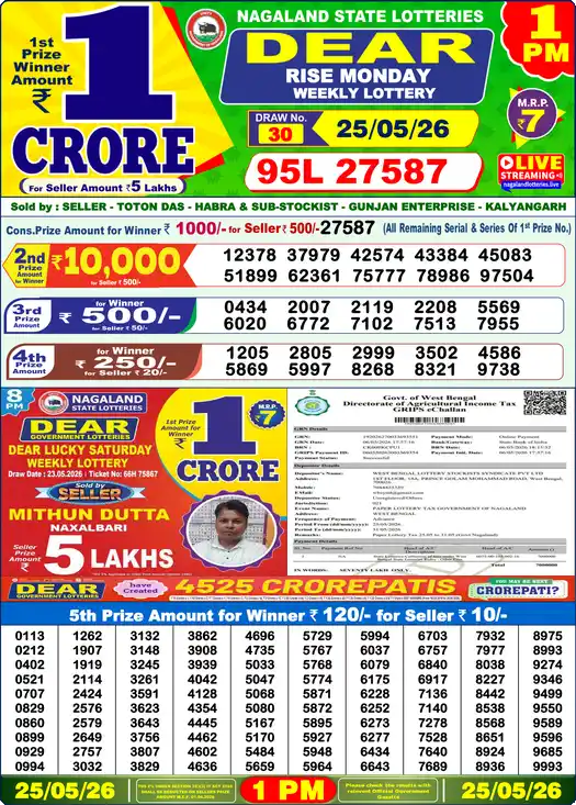 Lottery Sambad 25.05.26 Dear Lottery 1 PM May 25, 2026