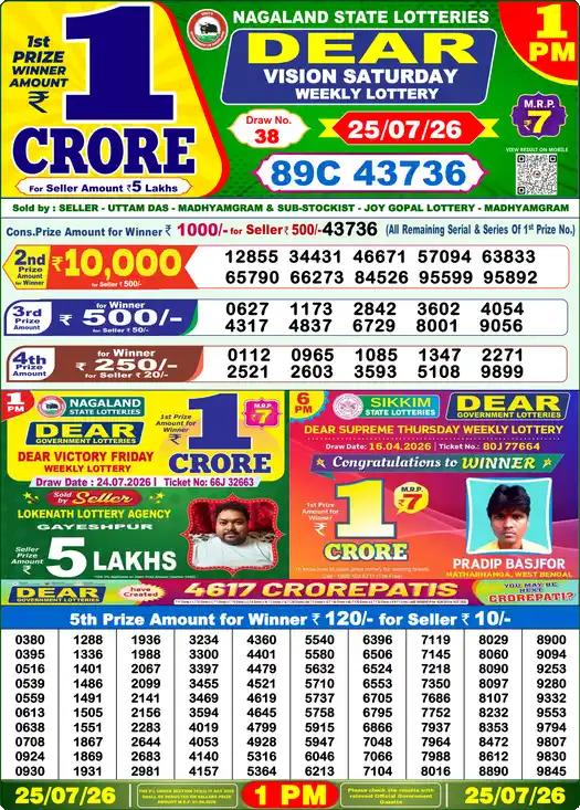 Lottery Sambad 25.07.26 Dear Lottery 1 PM July 25, 2026
