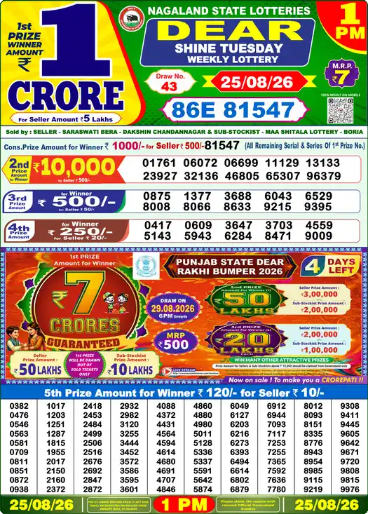Lottery Sambad 25.08.26 Dear Lottery 1 PM August 25, 2026