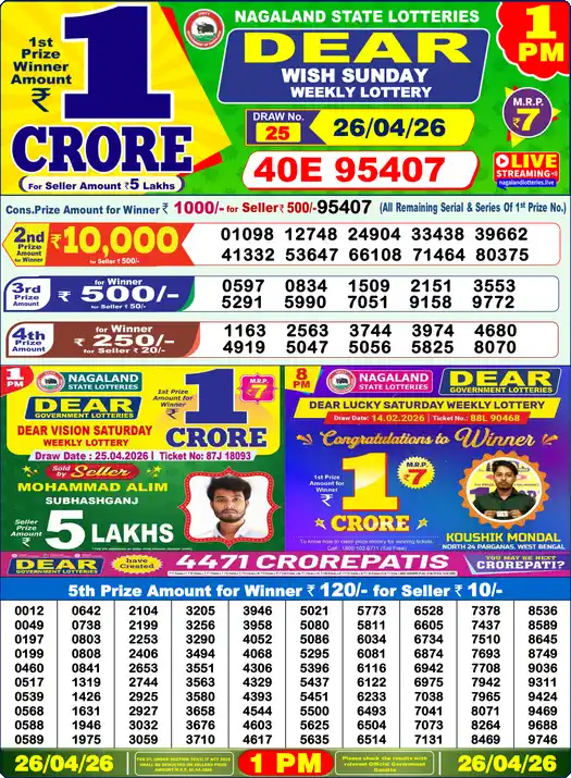 Lottery Sambad 26.04.26 Dear Lottery 1 PM April 26, 2026