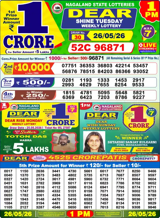 Lottery Sambad 26.05.26 Dear Lottery 1 PM May 26, 2026