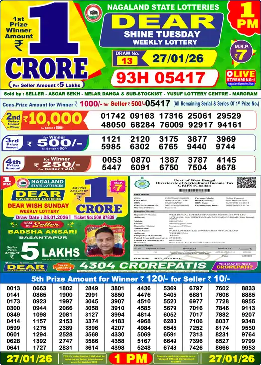 Lottery Sambad 27.01.26 Dear Lottery 1 PM January 27, 2026