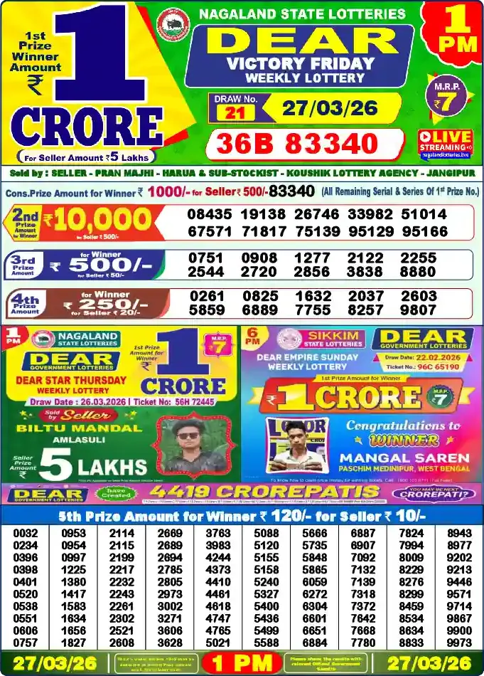 Lottery Sambad 27.03.26 Dear Lottery 1 PM March 27, 2026