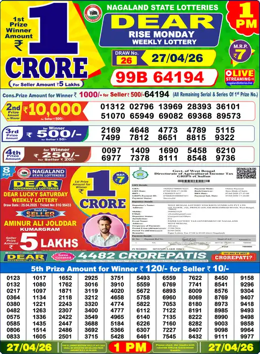 Lottery Sambad 27.04.26 Dear Lottery 1 PM April 27, 2026