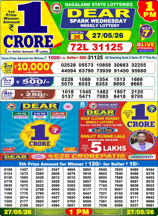 Lottery Sambad 27.05.26 Dear Lottery 1 PM May 27, 2026