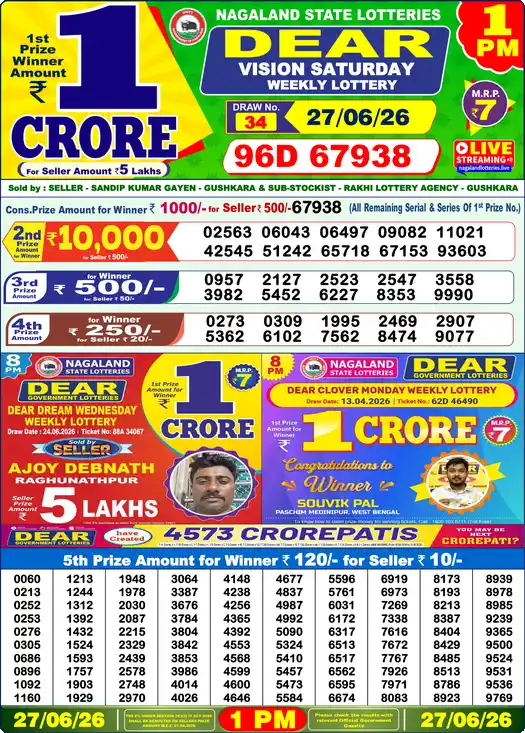 Dear Lottery Result Today 1 PM 27 June 2026