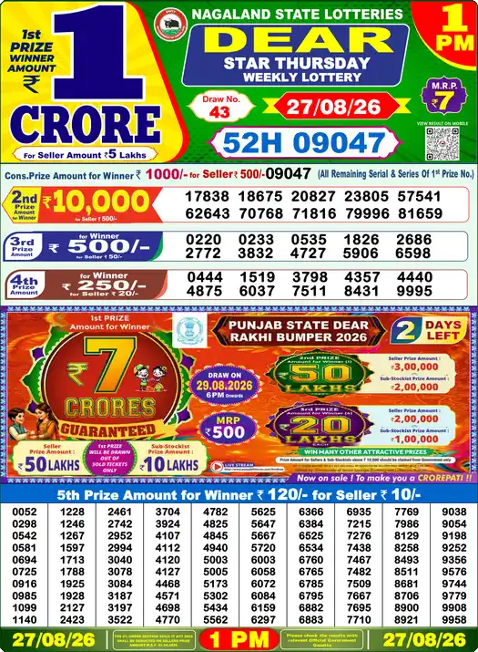 Lottery Sambad 27.08.26 Dear Lottery 1 PM August 27, 2026