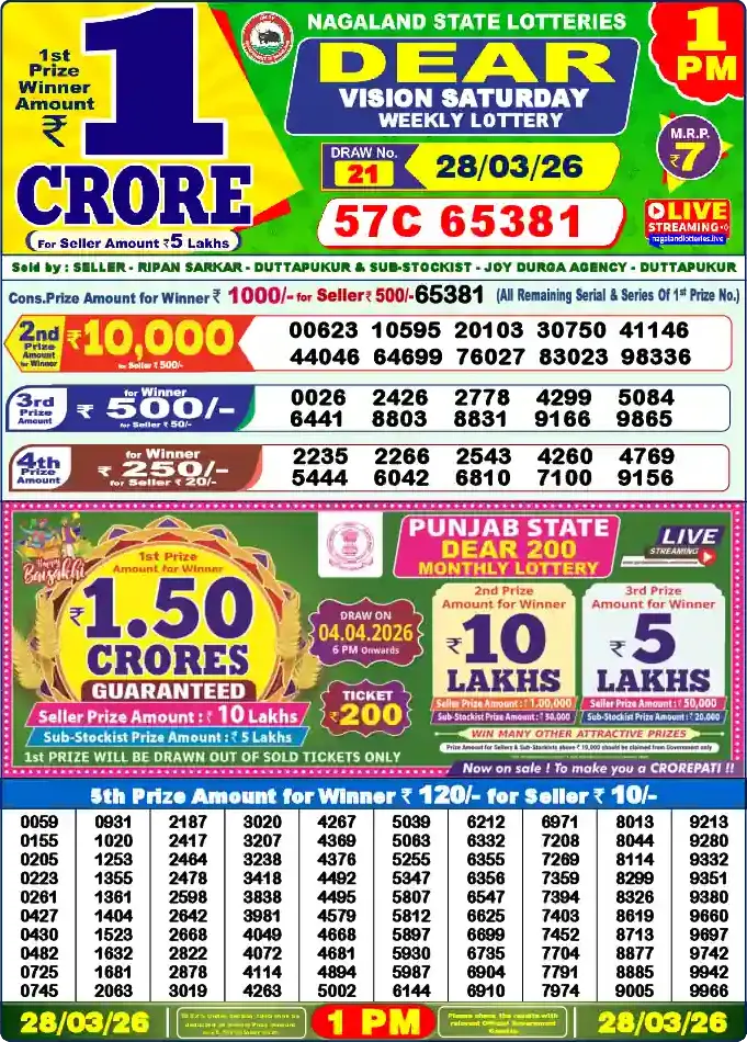 Lottery Sambad 28.03.26 Dear Lottery 1 PM March 28, 2026