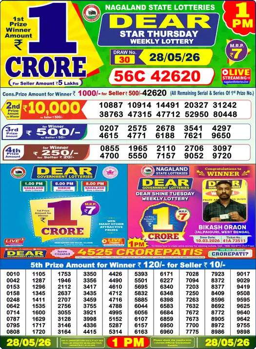 Lottery Sambad 28.05.26 Dear Lottery 1 PM May 28, 2026