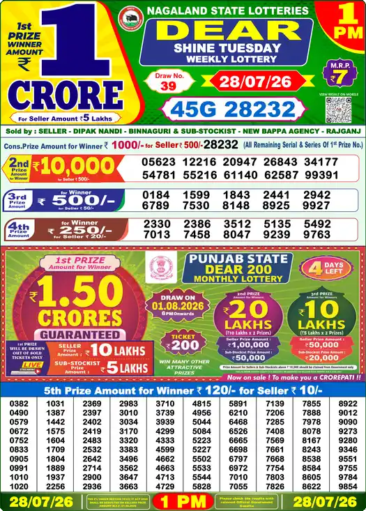 Lottery Sambad 28.07.26 Dear Lottery 1 PM July 28, 2026