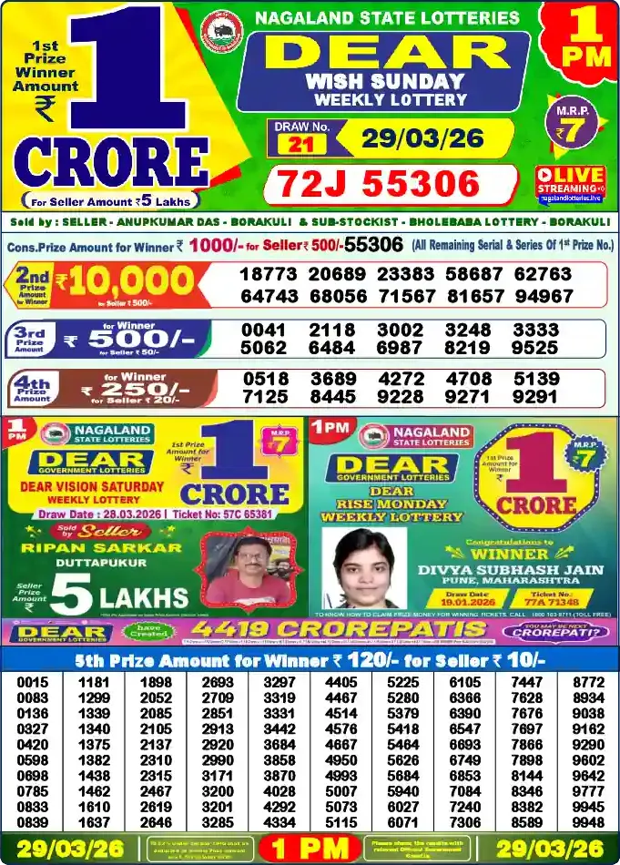 Lottery Sambad 29.03.26 Dear Lottery 1 PM March 29, 2026