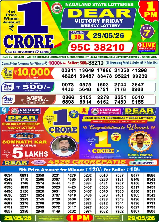 Lottery Sambad 29.05.26 Dear Lottery 1 PM May 29, 2026