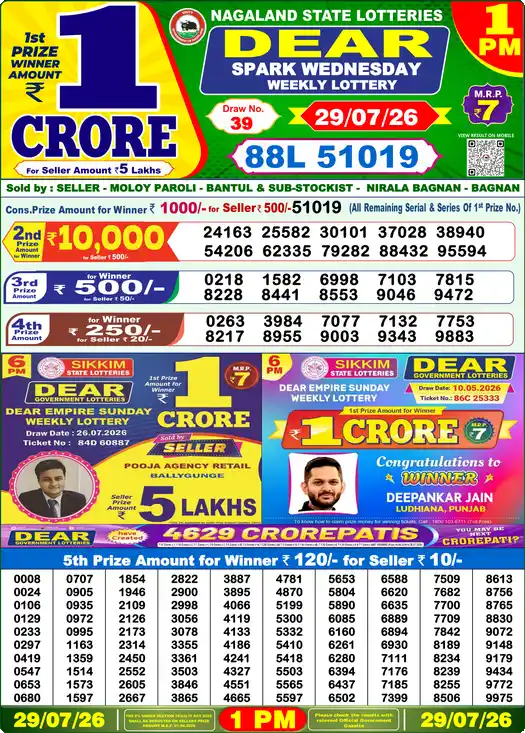 Dear Lottery Result 1 PM 29 July 2026