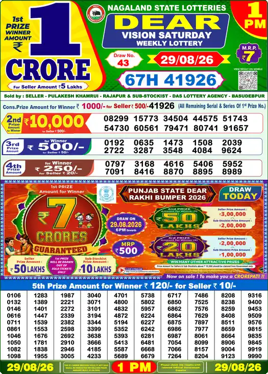 Dear Lottery Result 1 PM 29 August 2026