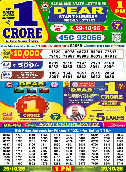 Dear Lottery Result Today 1 PM 29 October 2026